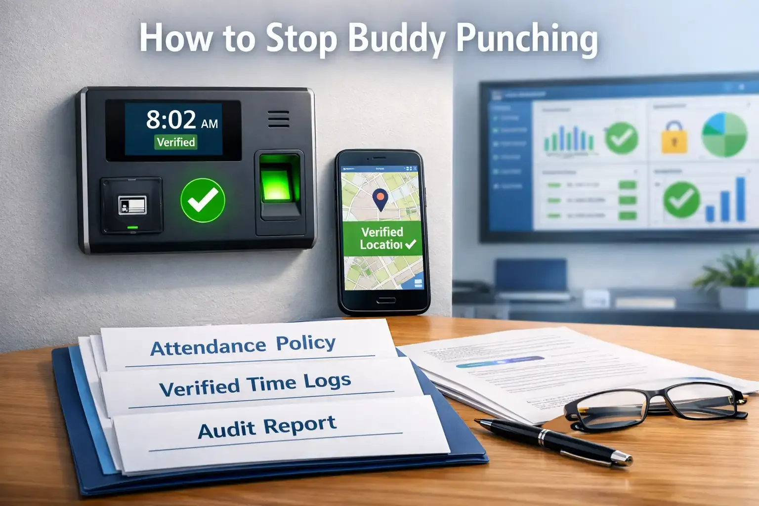 Biometric time clock with verified logs and an audit dashboard in office